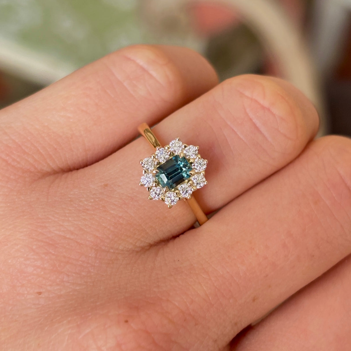 Octagon shape teal sapphire & diamond cluster ring