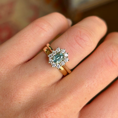 Octagon-cut green sapphire & diamond cluster engagement ring