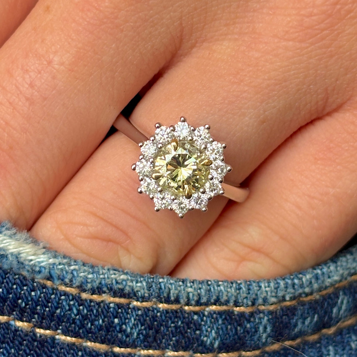 Tinted yellow 1.01ct diamond cluster engagement ring