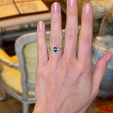 Pear-cut teal sapphire & diamond three-stone engagement ring