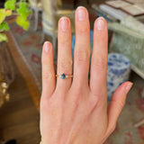 Pear-cut teal sapphire & diamond three-stone ring