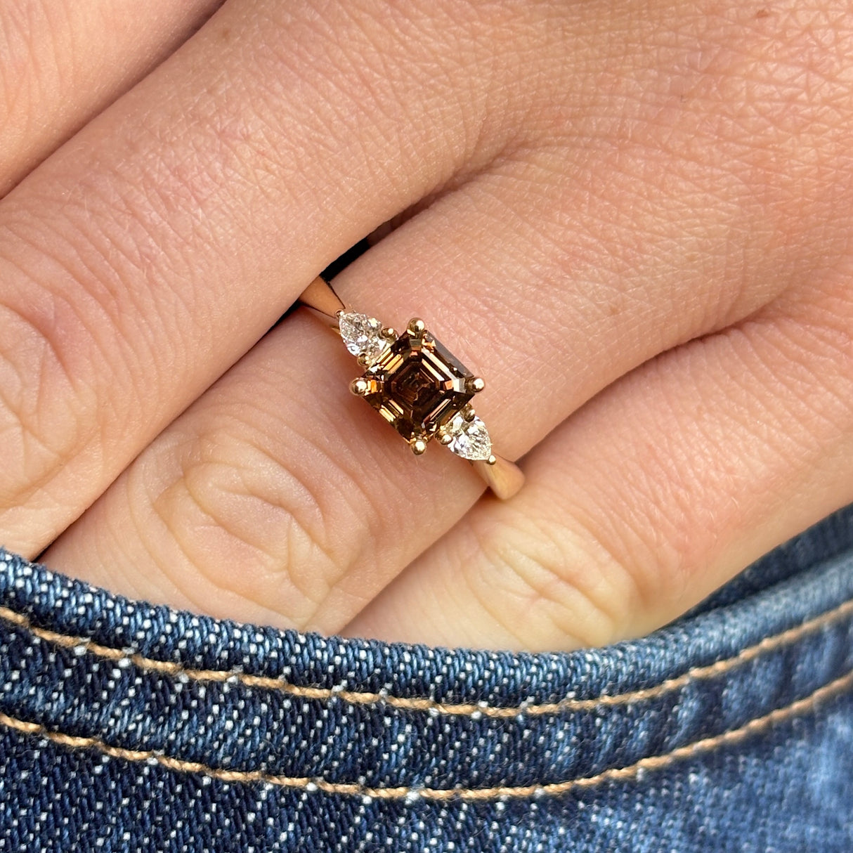 Asscher-cut brown sapphire & diamond three-stone ring
