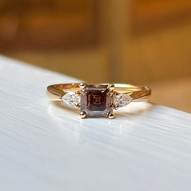 Asscher-cut brown sapphire & diamond three-stone ring