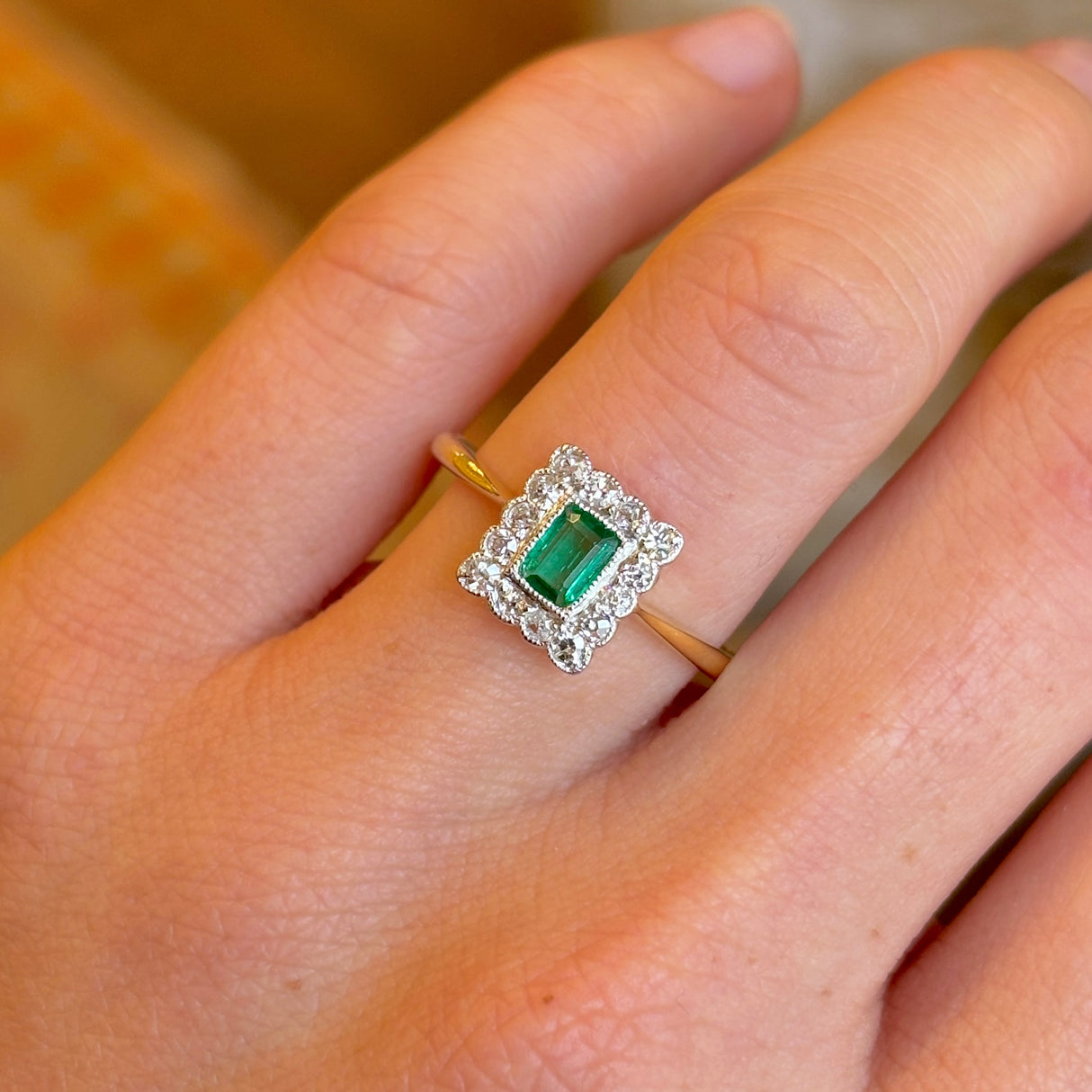 Antique, Edwardian emerald & diamond cluster engagement ring