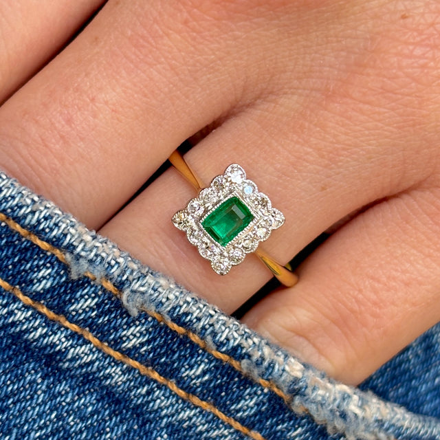 Antique, Edwardian emerald & diamond cluster engagement ring
