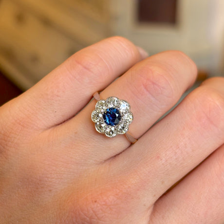 Antique, Edwardian sapphire and diamond daisy cluster ring