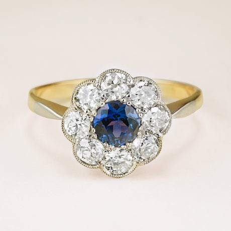 Antique, Edwardian sapphire and diamond daisy cluster ring