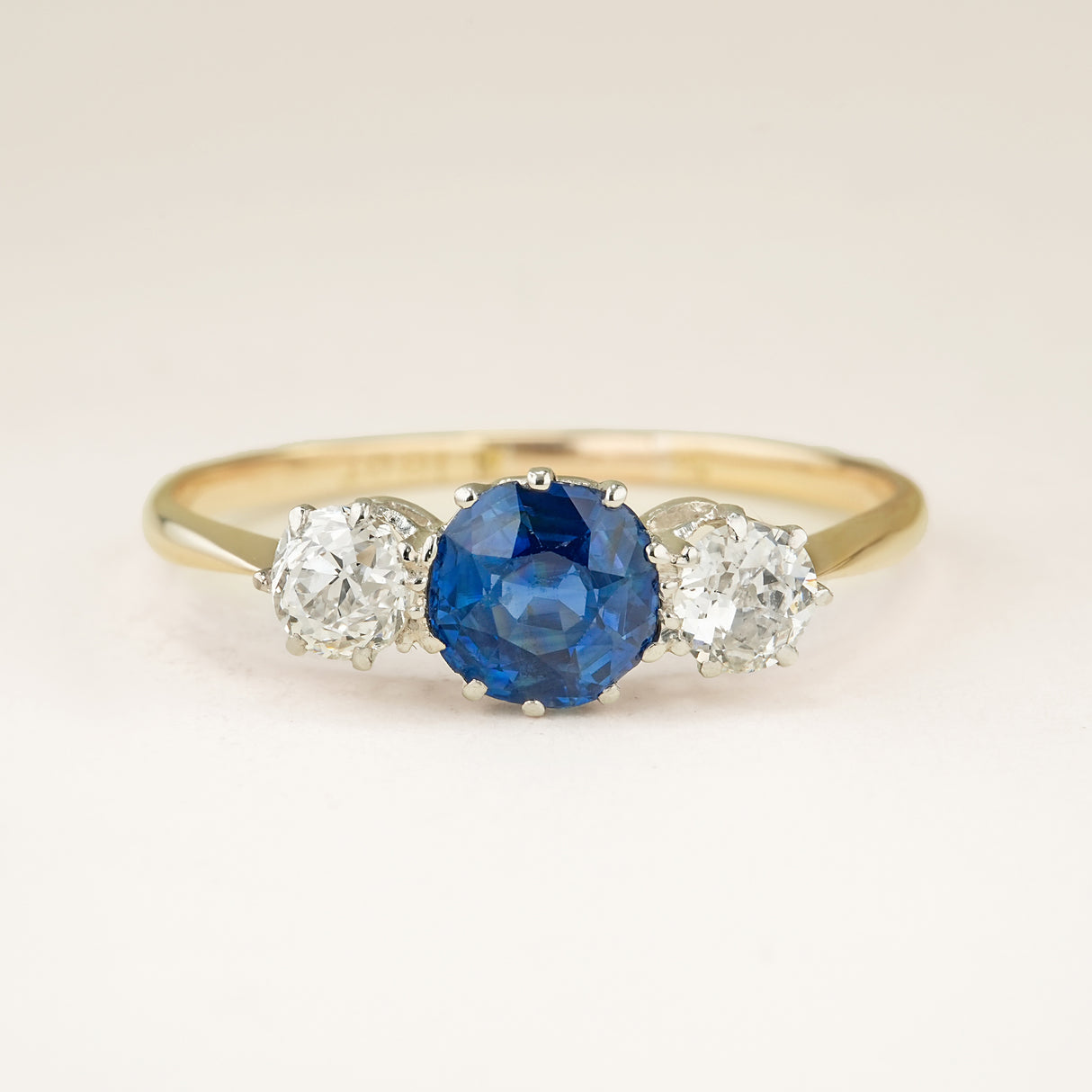 Antique, Edwardian Royal Blue sapphire & diamond three-stone ring