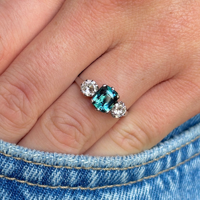 Vintage, 1950s Green-teal sapphire & diamond three-stone ring