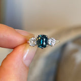 Vintage, 1950s Green-teal sapphire & diamond three-stone ring