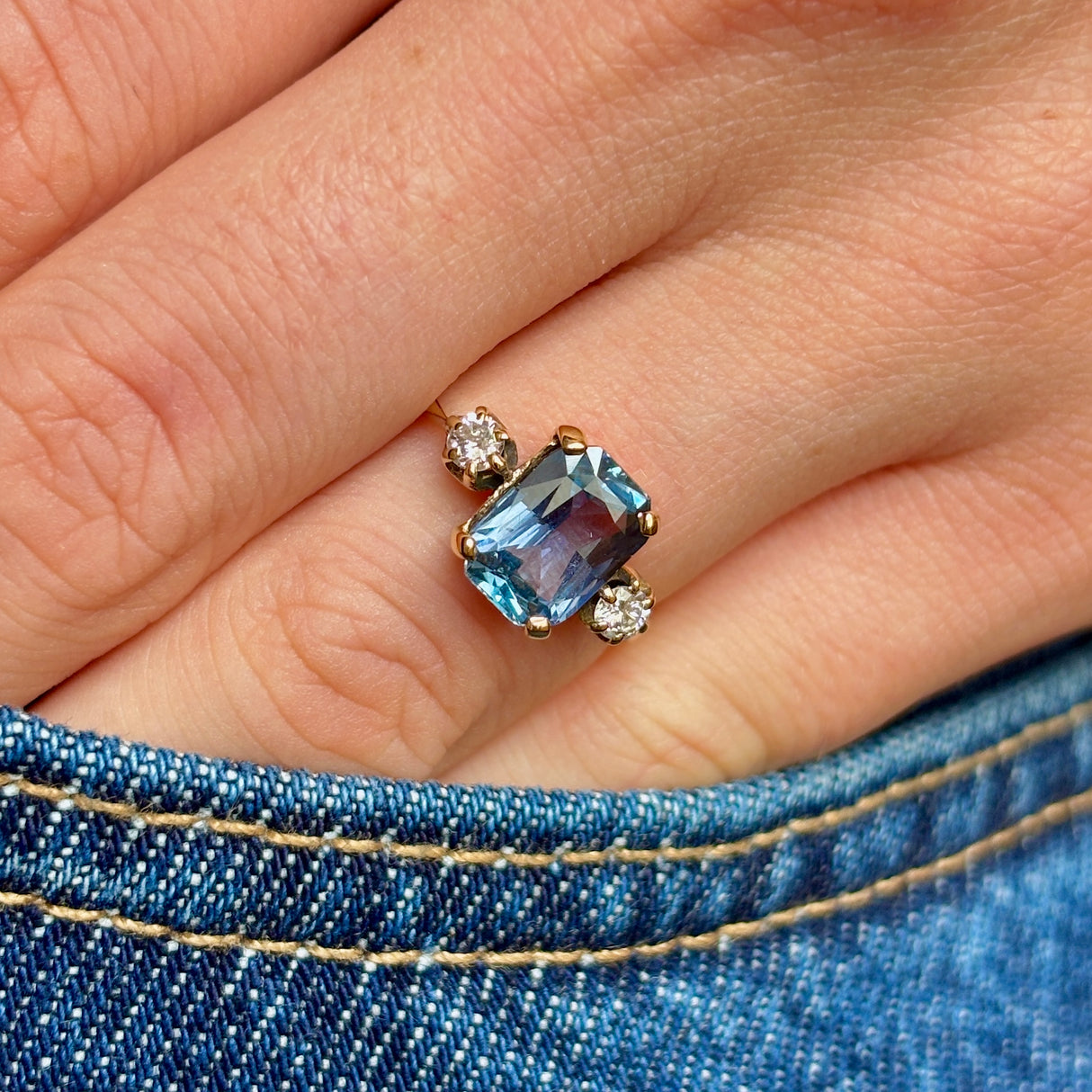 Vintage, 1930s teal-blue sapphire & diamond three-stone ring