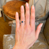 Square-cut, 1.27ct blue-teal sapphire and diamond three-stone engagement ring