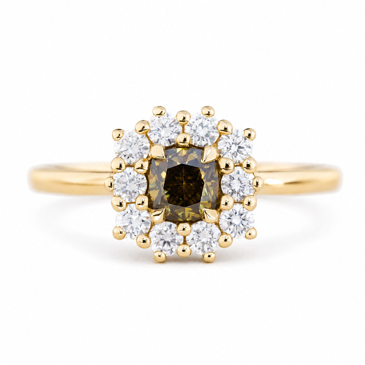 A close-up of an antique-inspired, Brown diamond halo cluster engagement ring in yellow gold.