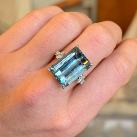 Vintage, 1980s 16.26ct aquamarine & diamond cocktail ring