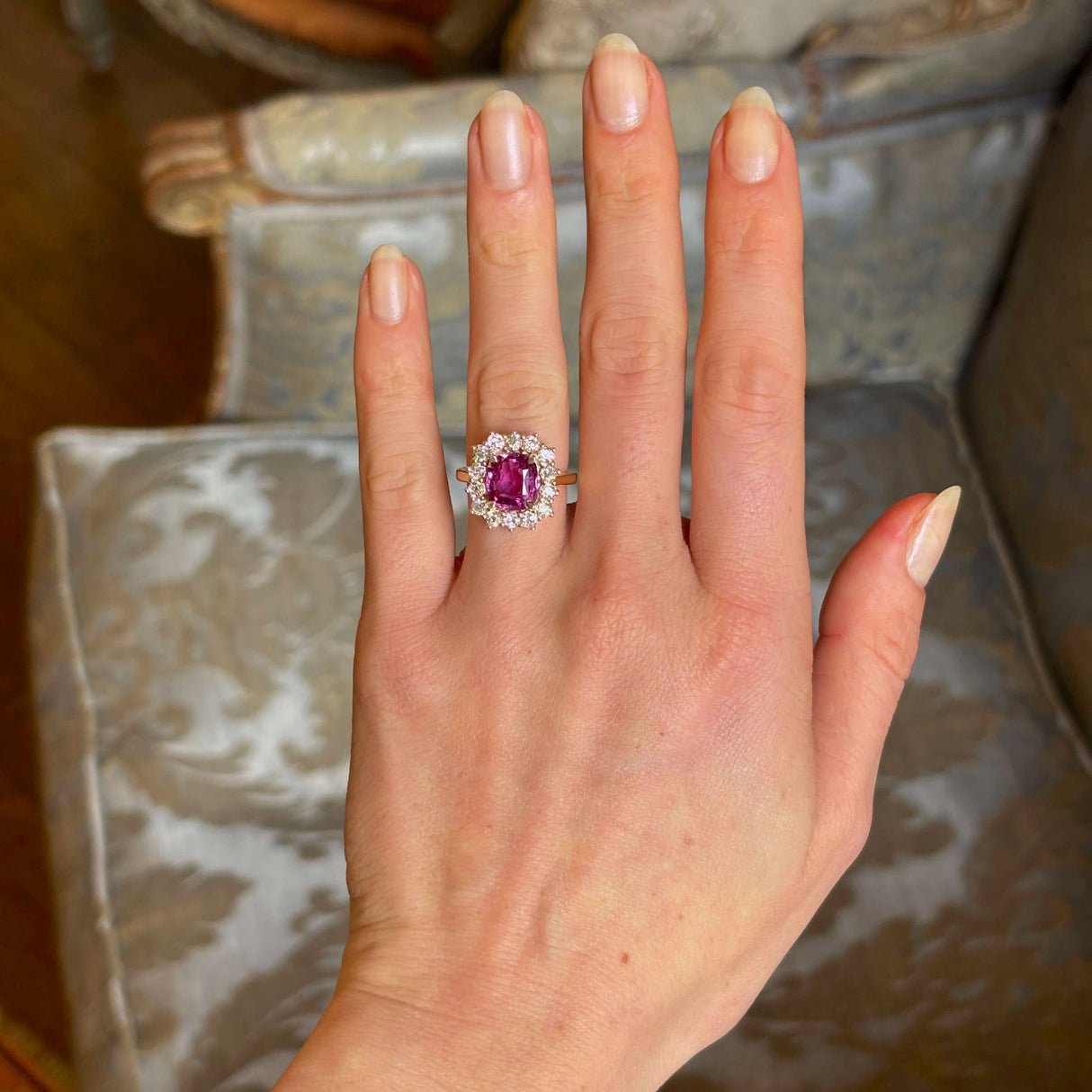 Pink Sapphire & Diamond Cluster Engagement Ring