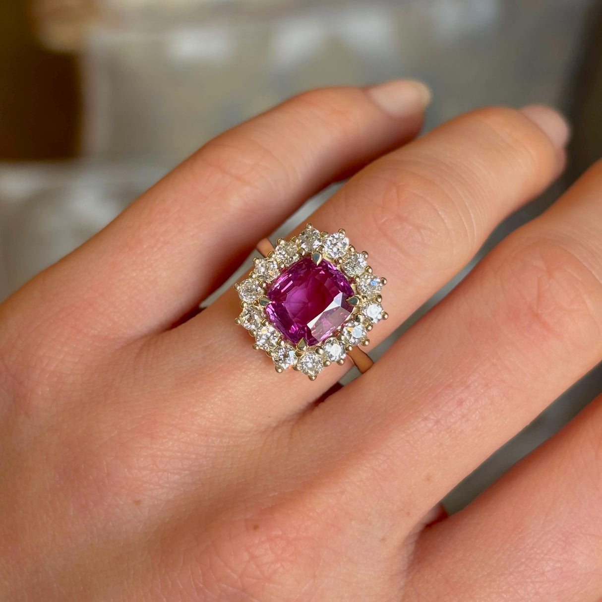Pink Sapphire & Diamond Cluster Engagement Ring
