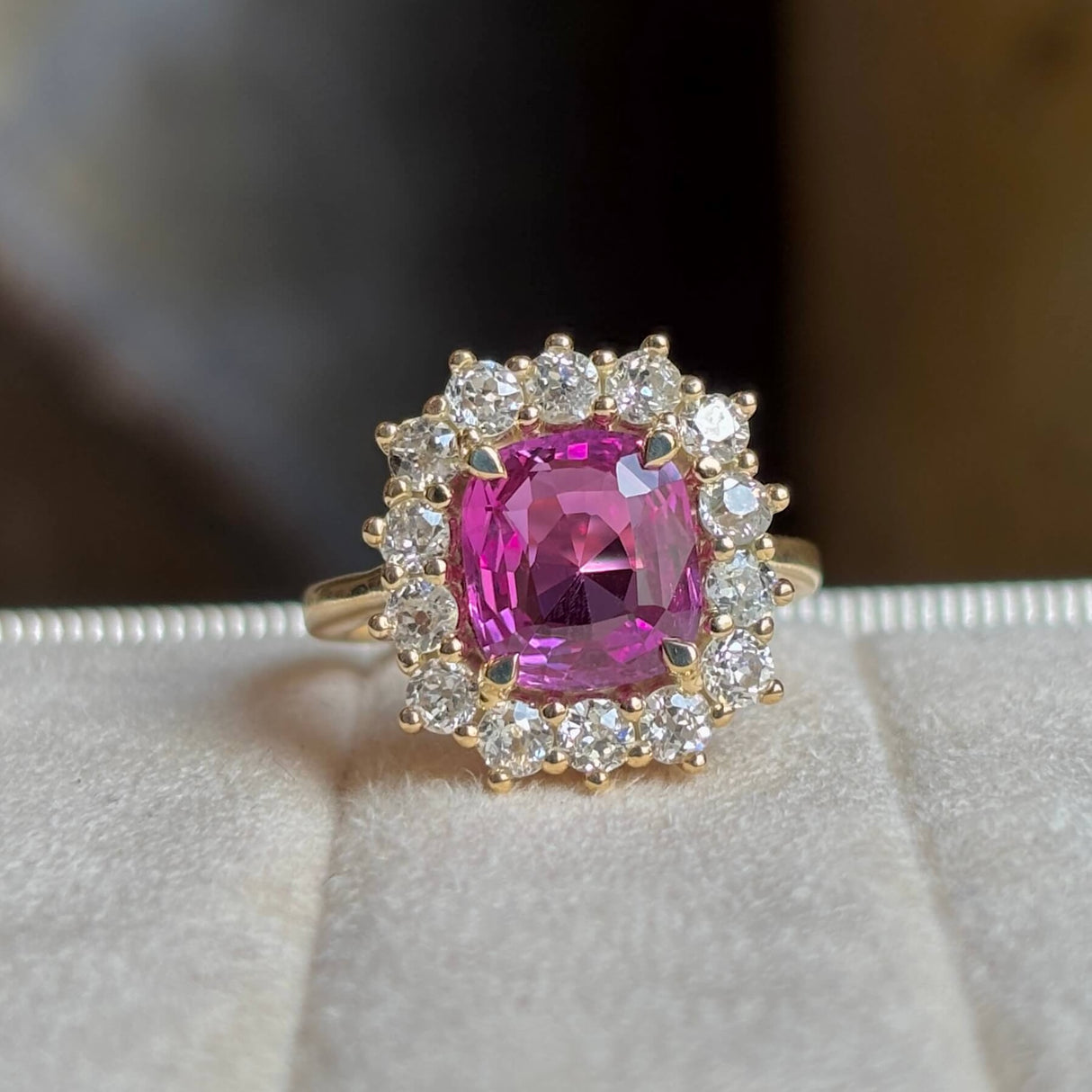 Pink Sapphire & Diamond Cluster Engagement Ring