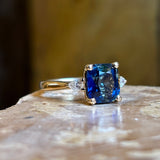 Bi-colour sapphire and diamond three-stone ring