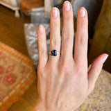 Bi-colour sapphire and diamond three-stone ring