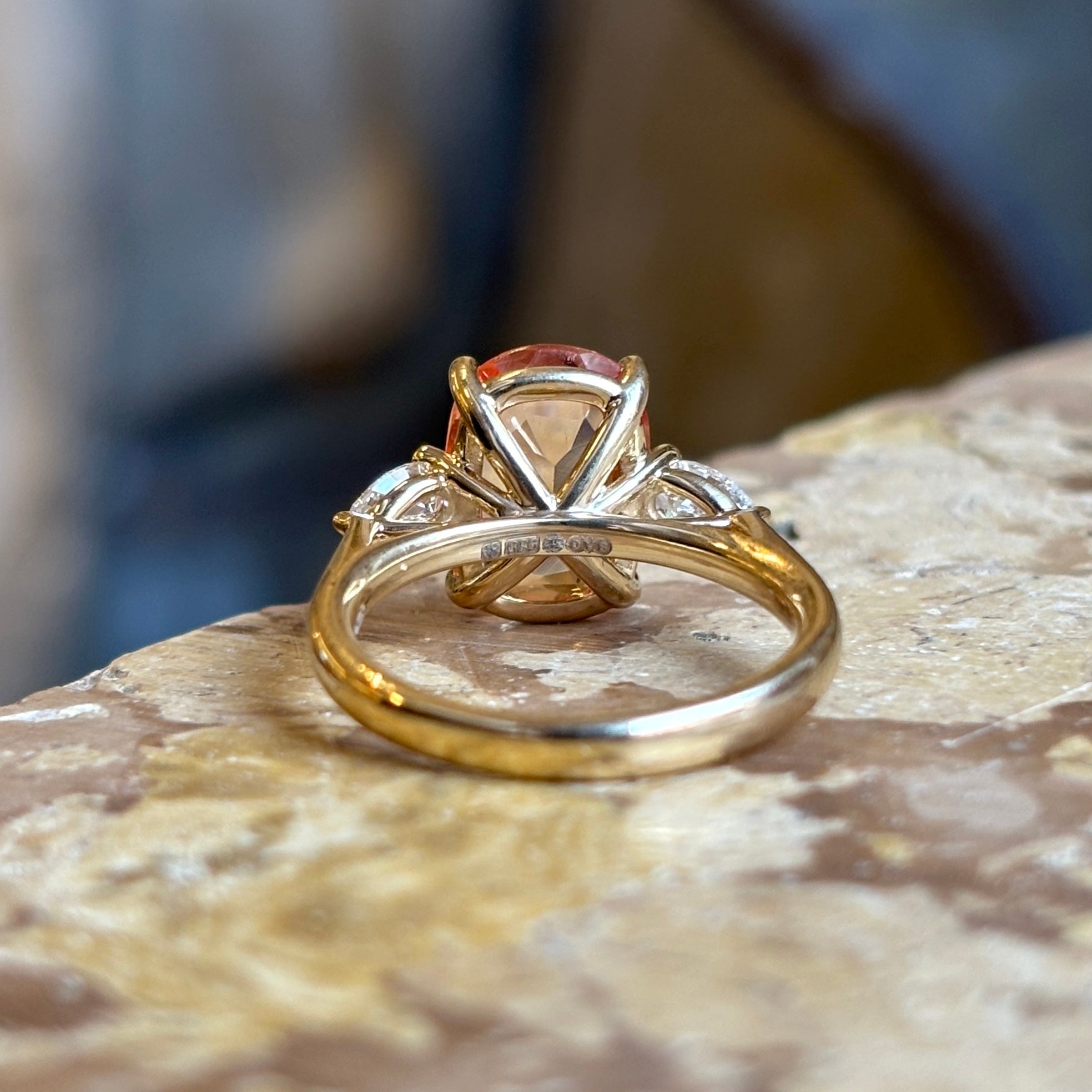 Old orange cushion-cut topaz & diamond three-stone ring – Antique