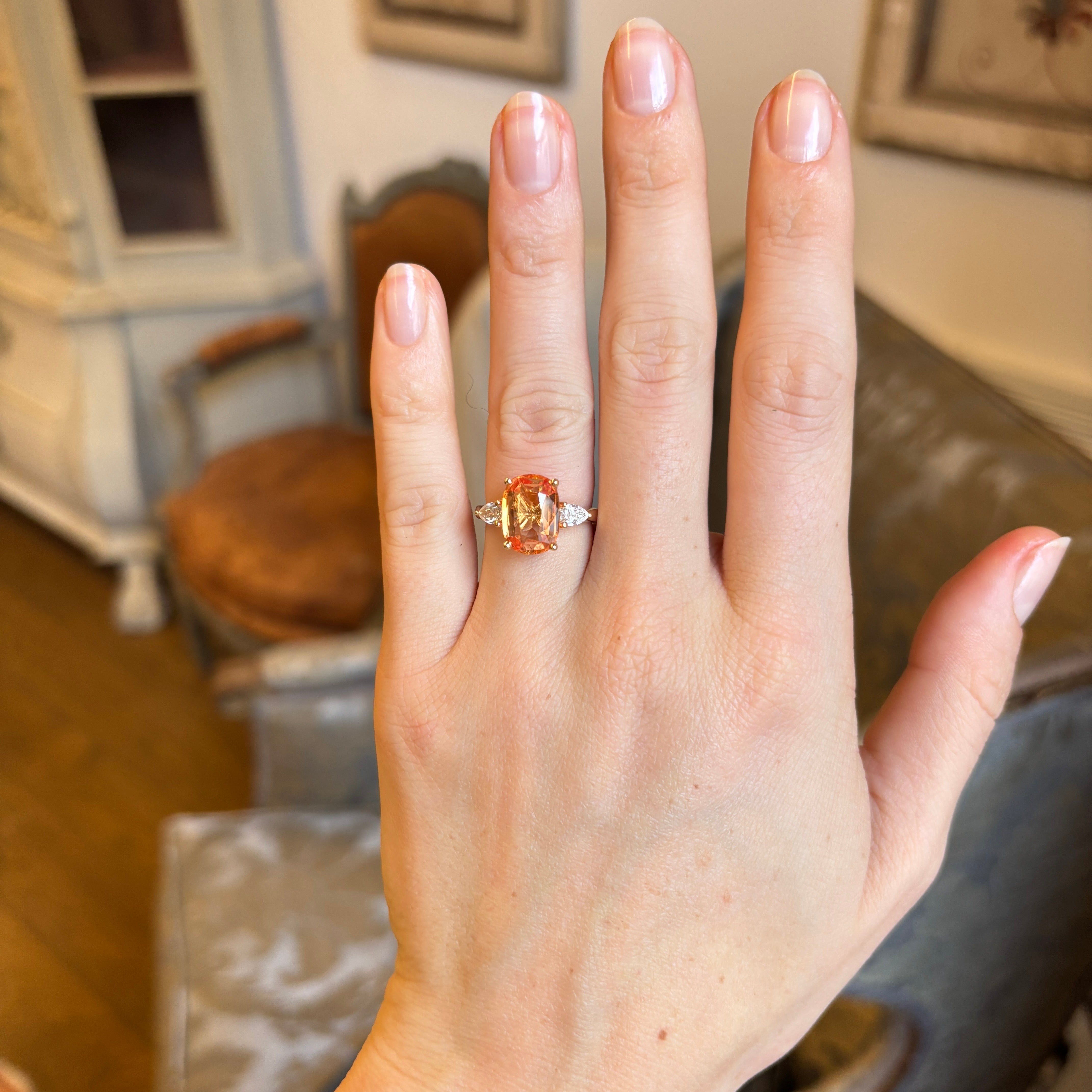Old orange cushion-cut topaz & diamond three-stone ring – Antique