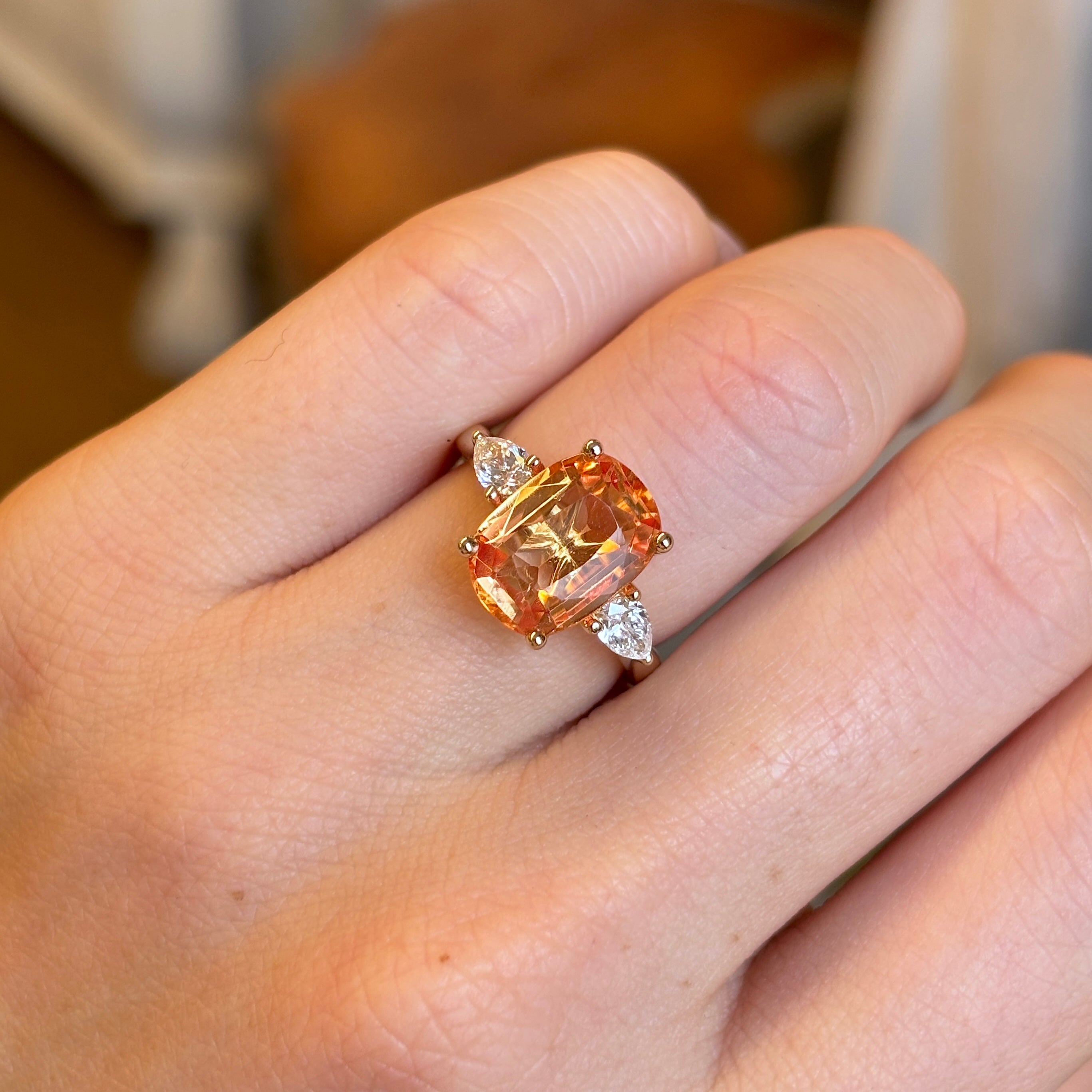 Old orange cushion-cut topaz & diamond three-stone ring – Antique