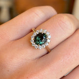 Teal sapphire & diamond cluster ring
