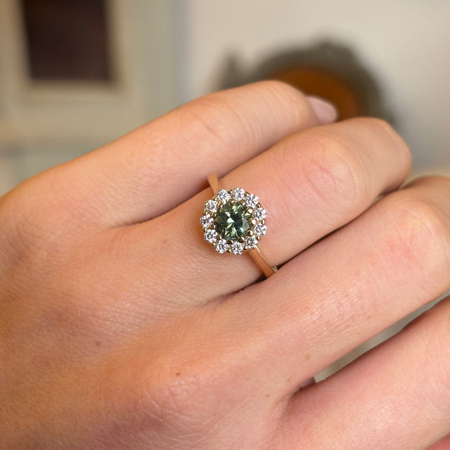 Green sapphire & diamond cluster ring
