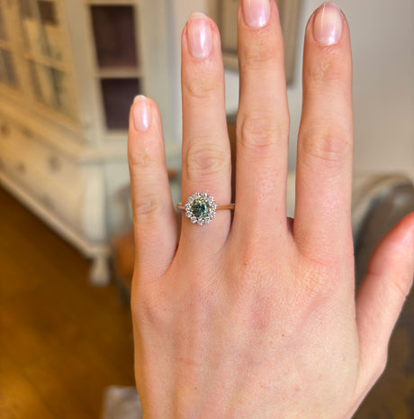Green sapphire & diamond cluster ring