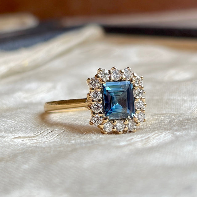 Baguette-cut teal sapphire & diamond cluster ring