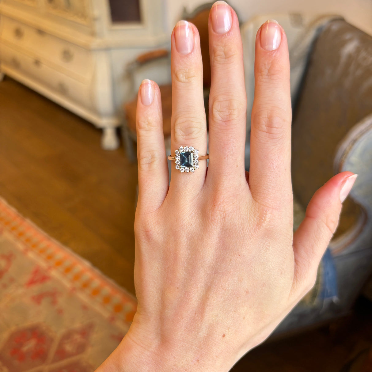 Baguette-cut teal sapphire & diamond cluster ring