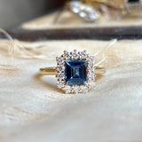 Baguette-cut teal sapphire & diamond cluster ring