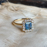 Baguette-cut teal sapphire & diamond cluster ring
