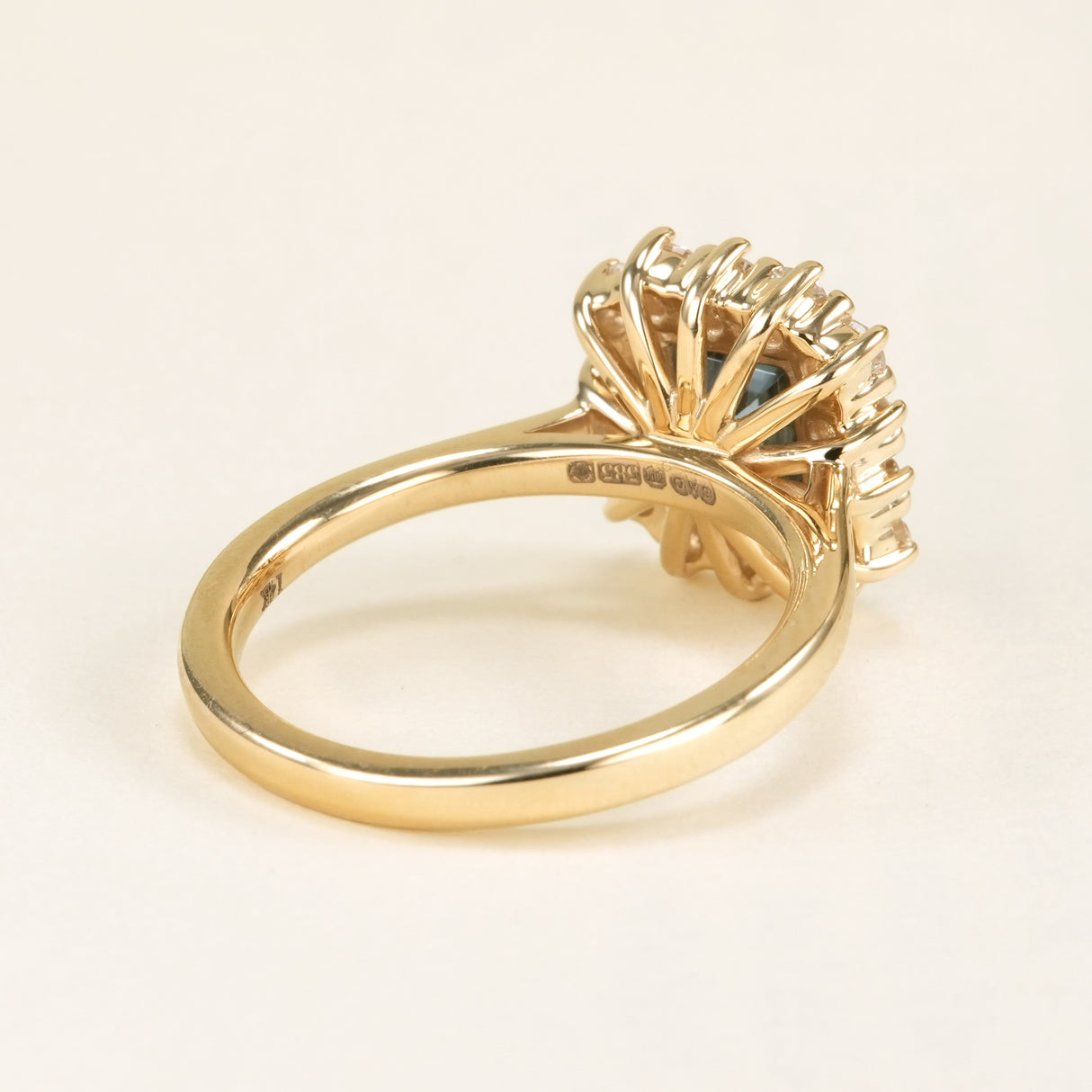 Square-cut teal green-blue sapphire & diamond cluster ring
