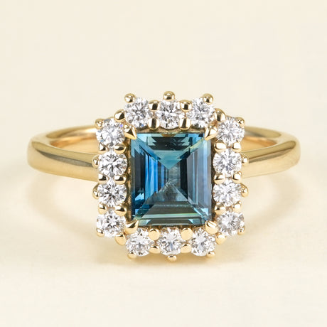 Square-cut teal green-blue sapphire & diamond cluster ring