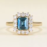 Square-cut teal green-blue sapphire & diamond cluster ring