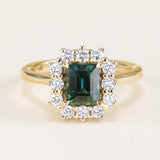Square-cut teal sapphire & diamond cluster ring