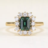 Square-cut teal sapphire & diamond cluster ring