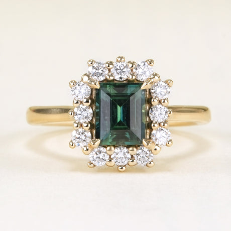 Square-cut teal sapphire & diamond cluster ring