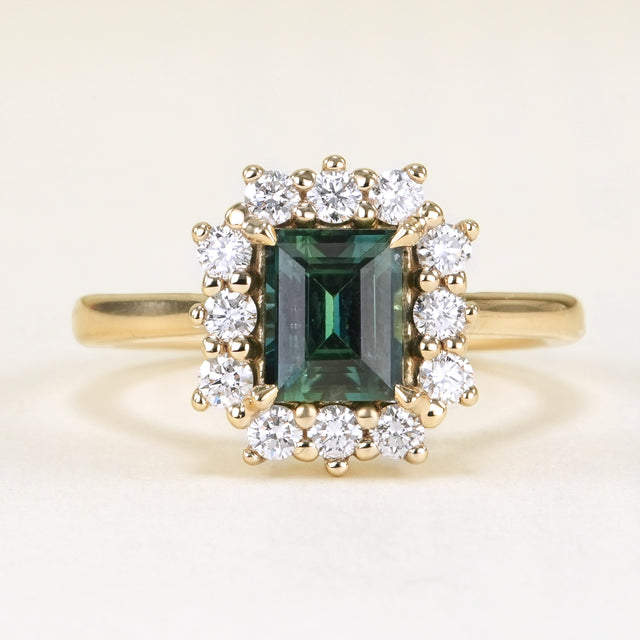 Square-cut teal sapphire & diamond cluster ring
