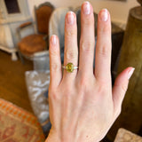 Chrysoberyl and pear-cut diamond three-stone ring