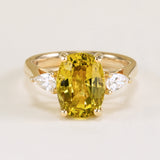 Chrysoberyl and pear-cut diamond three-stone ring