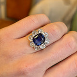 Antique, Edwardian 5ct cushion-cut sapphire & diamond daisy cluster ring