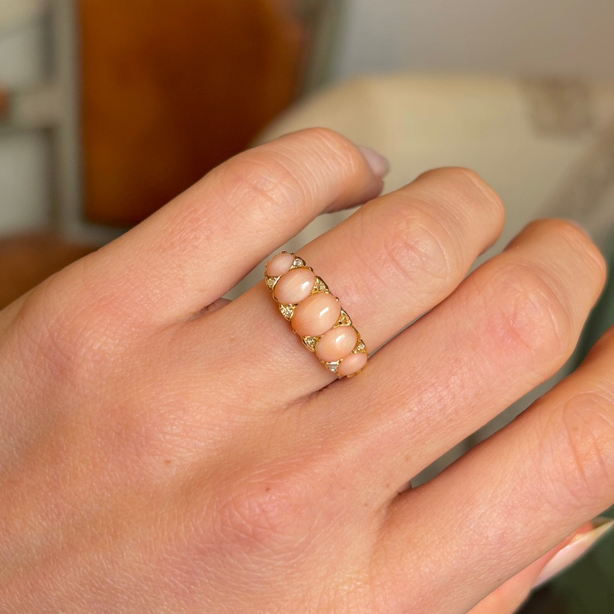 Antique, Victorian coral & diamond half-hoop ring