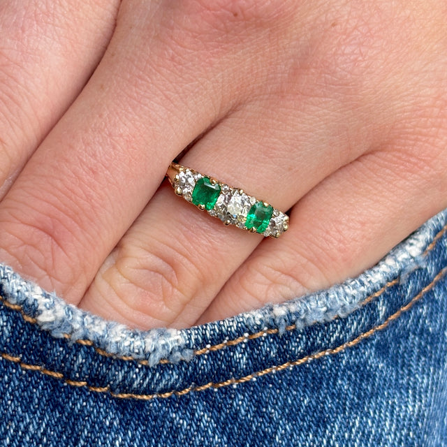 Antique, Edwardian diamond and emerald five-stone ring