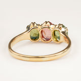 Antique, Edwardian pink tourmaline and green zircon three-stone engagement ring