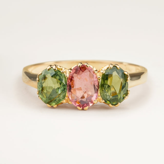 Antique, Edwardian pink tourmaline and green zircon three-stone engagement ring