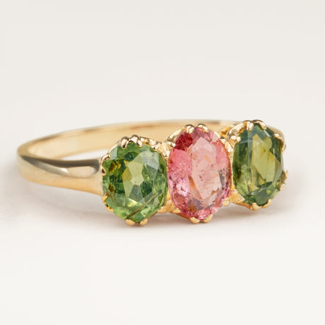 Antique, Edwardian pink tourmaline and green zircon three-stone engagement ring