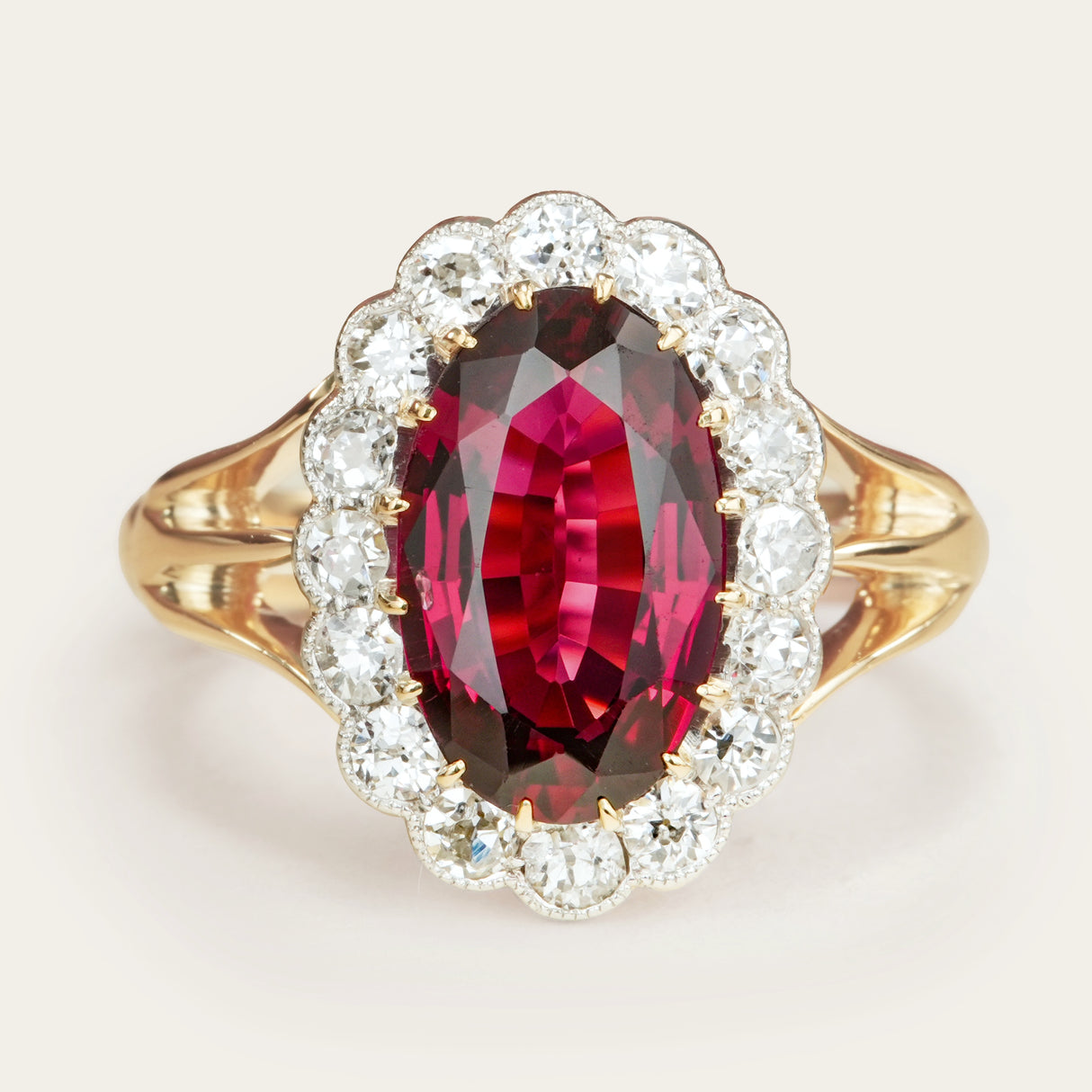 Antique, Edwardian red spinel and diamond engagement cluster ring