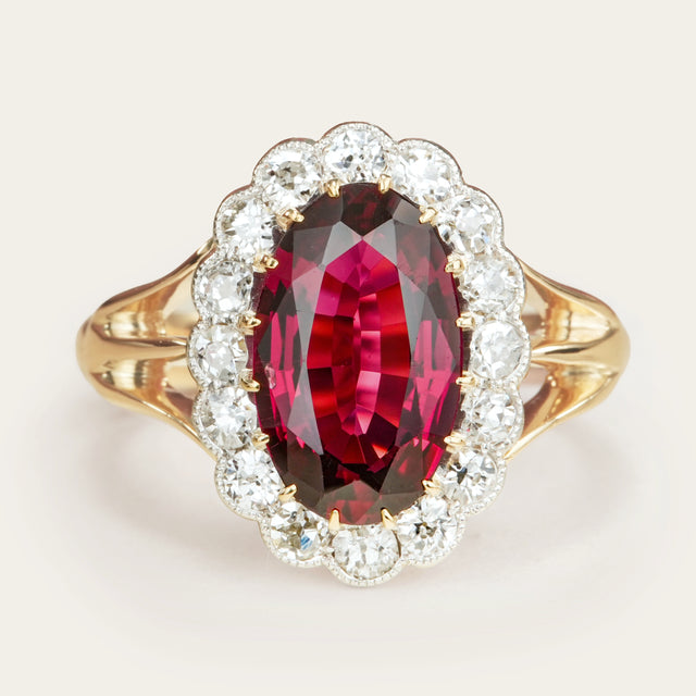Antique, Edwardian red spinel and diamond engagement cluster ring
